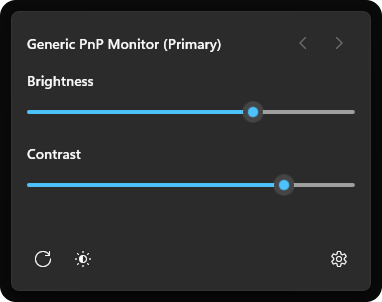 The new xcreen flyout showing brightness and contrast controls for the primary monitor.